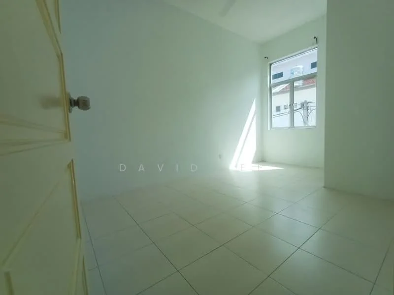 Room features: white painted walls, tile flooring, single window, natural light from window, plain ceiling, door with handle; style: minimalist.