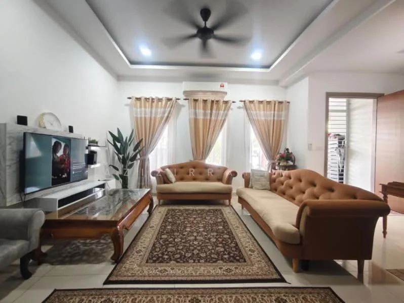 Living features: 2-seater beige tufted sofa, 3-seater beige tufted sofa, grey armchair, wooden coffee table with marble top, area rug with intricate pattern, flat-screen TV on wall-mounted console, floor-to-ceiling windows with sheer curtains, recessed ceiling lights, ceiling fan, decorative plants, wall-mounted decor, wooden door, light-coloured walls, tile flooring; style: modern.
