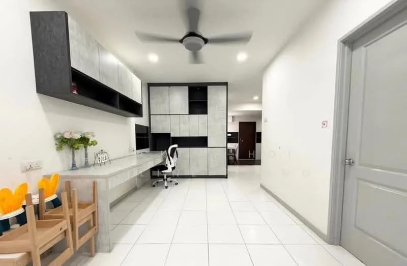 Study features: white tiled flooring, grey painted walls, built-in cabinetry with grey and black finish, desk with grey surface, white ergonomic office chair, ceiling fan with light, wall-mounted shelving, decorative flowers in vase, two wooden chairs with orange cushions, recessed lighting; style: modern.