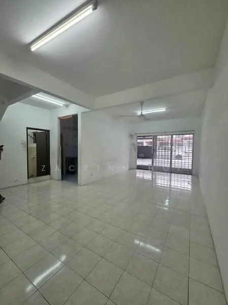 Living features: white painted walls, glossy ceramic tile flooring, ceiling fan, recessed downlights, floor-to-ceiling windows, sliding glass door, open layout, natural light, air conditioning unit; style: modern.