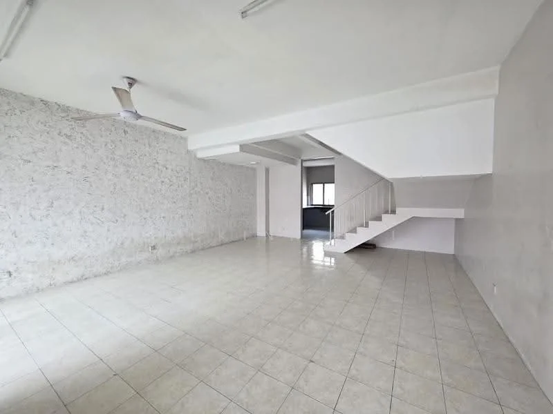 Living features: white painted walls, exposed concrete wall, glossy ceramic tile flooring, 5-blade ceiling fan, large windows, staircase leading to upper level, open layout, neutral color scheme; style: modern.