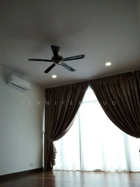 Room features: 5-blade ceiling fan, recessed LED downlights, floor-to-ceiling windows, sheer curtains, dark wood flooring, white painted walls, curtains in brown, air conditioning unit; style: modern.