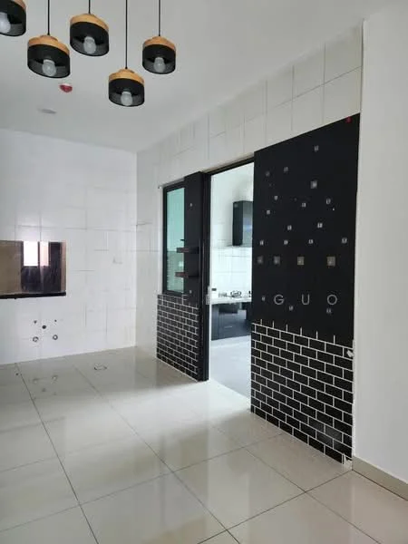Kitchen features: white tiled walls, black tiled accent wall, glossy floor tiles, recessed ceiling lights, open layout, doorway to another room, kitchen cabinetry, counter space; style: modern.