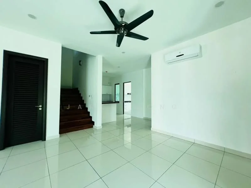 Living features: white painted walls, glossy ceramic tile flooring, 5-blade ceiling fan in black, wall-mounted split AC, large windows for natural light, staircase leading to upper floor, open layout, neutral color scheme; style: modern.