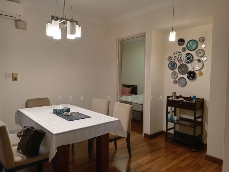 Dining features: dining table with white tablecloth, 4 upholstered dining chairs, wooden flooring, pendant lighting fixtures, decorative wall with plates, side table or cart, wall-mounted air conditioning unit, neutral painted walls; style: modern. Room features: doorway leading to another room, bed visible in the background.