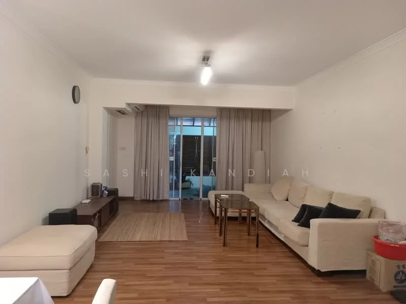 Living features: light wood laminate flooring, white painted walls, recessed downlights, 5-blade ceiling fan, large sliding glass door, curtains, sofa in cream fabric, glass coffee table, TV console, area rug with neutral tones; style: modern; view: garden.