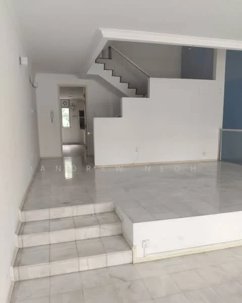 Living features: white painted walls, marble tile flooring, staircase with metal railing, large windows for natural light, open layout, high ceiling, neutral color scheme, no visible furniture; style: modern.