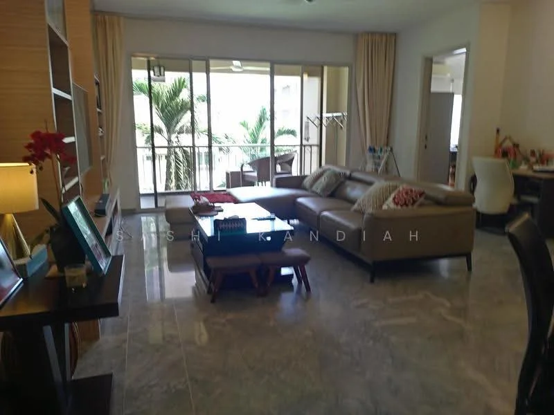 Living features: 3-seater fabric sofa in beige, coffee table, TV console, wall-mounted TV, area rug, floor-to-ceiling windows, curtains, marble flooring, decorative plants, open layout to balcony; style: modern; view: garden.