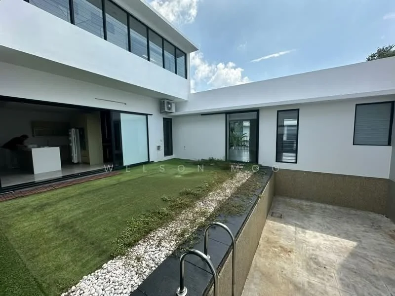 Exterior type: detached bungalow; features: manicured lawn, stone-paved walkway, white painted facade, flat roof, large windows, outdoor space with greenery, exposed aggregate concrete wall, air conditioning unit visible; style: modern.