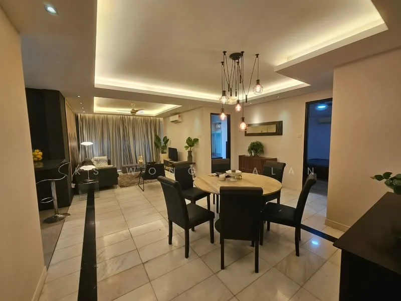Dining features: round dining table, upholstered dining chairs, chandelier with pendant lights, recessed ceiling lights, marble flooring, cream painted walls, floor-to-ceiling curtains, decorative plants, sideboard cabinet, wall-mounted air conditioning unit; style: modern.