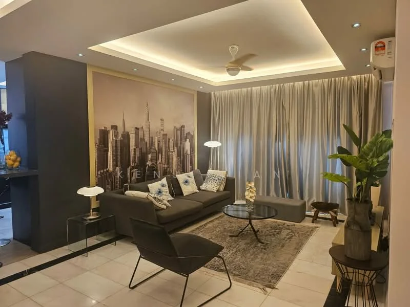 Living features: grey fabric sofa, round glass coffee table, area rug with geometric pattern, floor lamp, wall-mounted TV, decorative plant in ceramic pot, black accent chair, recessed downlights, tray ceiling with LED lighting, sheer curtains, city skyline mural on wall; style: modern; view: city.