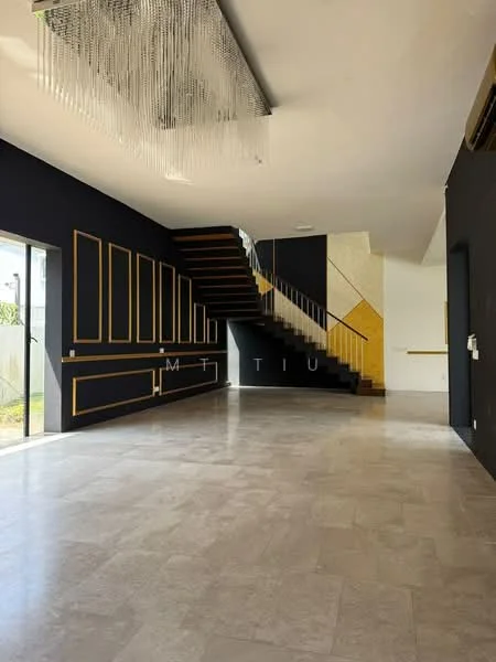 Living features: marble tile flooring, black painted walls, gold accent trim, chandelier with crystals, staircase with wooden steps and metal railing, large glass sliding door, natural light from sliding door, high ceiling, wall-mounted air conditioning unit; style: modern; view: garden.