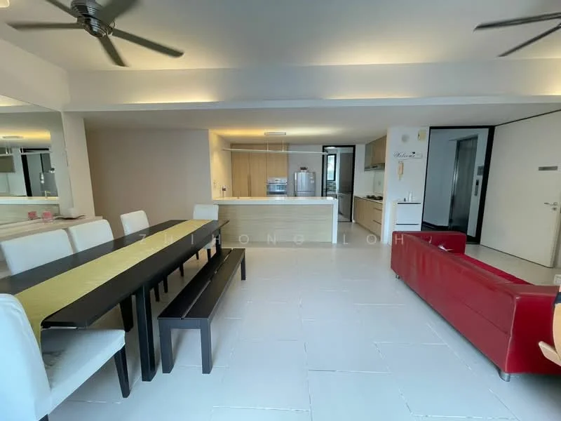 Living features: dining table with 8 seats, black rectangular dining table, white upholstered dining chairs, red leather sofa, ceiling fan, recessed lighting, open-plan layout, tile flooring, kitchen island, kitchen cabinetry, stainless-steel appliances, large windows, neutral wall color; style: modern. Kitchen features: kitchen island, wood cabinetry, stainless-steel fridge, built-in oven, ceramic cooktop, countertop, open shelving; style: modern.