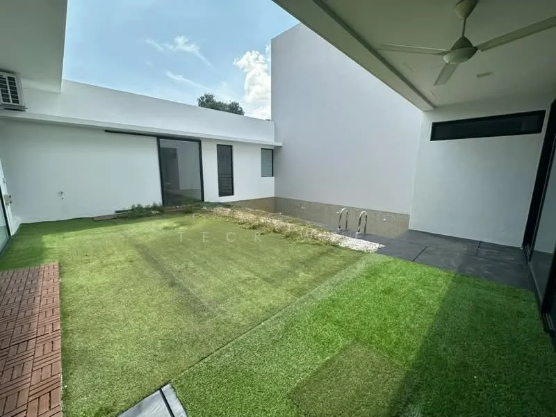 Room features: artificial grass lawn, paved walkway, white painted walls, sliding glass door, ceiling fan, outdoor space, landscaped area, natural light; style: modern; view: garden.