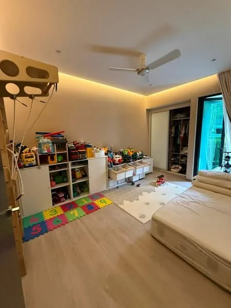 Room features: light wood flooring, white painted walls, recessed LED downlights, 5-blade ceiling fan, built-in wardrobe with sliding doors, colorful play mat with numbers, storage shelves with toys, foldable mattress, large window with sheer curtains; style: modern; view: garden.
