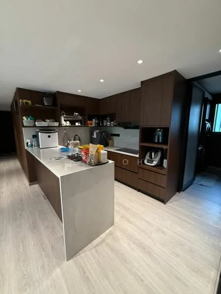Kitchen features: island countertop with stainless-steel finish, dark wood cabinetry, white quartz countertop, built-in oven, stainless-steel refrigerator, microwave, coffee machine, dishwasher, pendant lighting, recessed downlights, vinyl plank flooring, sink with chrome faucet, open shelving, kitchen appliances on countertop; style: modern.