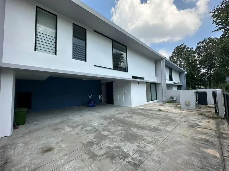 Exterior type: detached bungalow; features: white painted facade, large windows, concrete driveway, open car porch, exposed concrete flooring, landscaped area with grass, air conditioning unit visible, surrounded by greenery; style: modern.