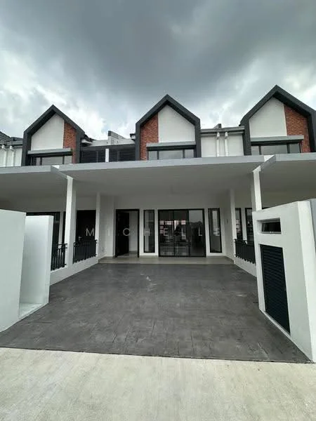 Exterior type: linked terrace house; features: two-storey building, brick facade with white accents, flat roof, covered car porch, manicured driveway, large glass windows, balconies on upper floor, modern architectural design; style: modern.