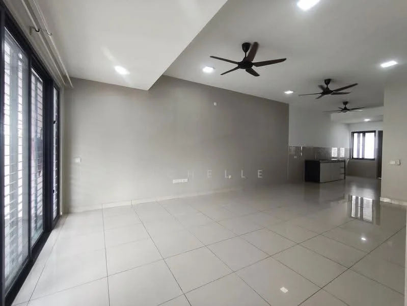 Living features: white painted walls, glossy ceramic tile flooring, 2 ceiling fans, floor-to-ceiling windows, sliding glass door, recessed downlights, open layout, neutral color scheme, kitchen area visible in background; style: modern.
