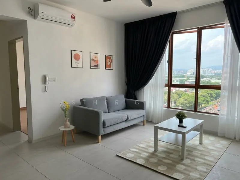 Living features: grey fabric sofa, coffee table, area rug with geometric pattern, floor-to-ceiling windows, sheer curtains, blackout curtains, wall-mounted split AC, decorative wall art, light-colored tiled flooring, ceiling fan; style: modern; view: city.