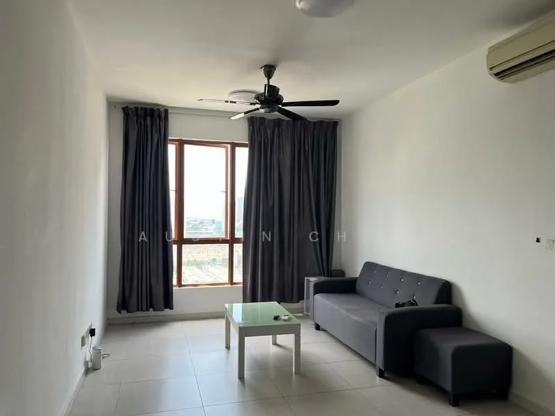Living features: grey fabric sofa, glass coffee table, 5-blade ceiling fan, floor-to-ceiling windows, blackout curtains, white painted walls, tile flooring, wall-mounted split AC; style: modern; view: city.