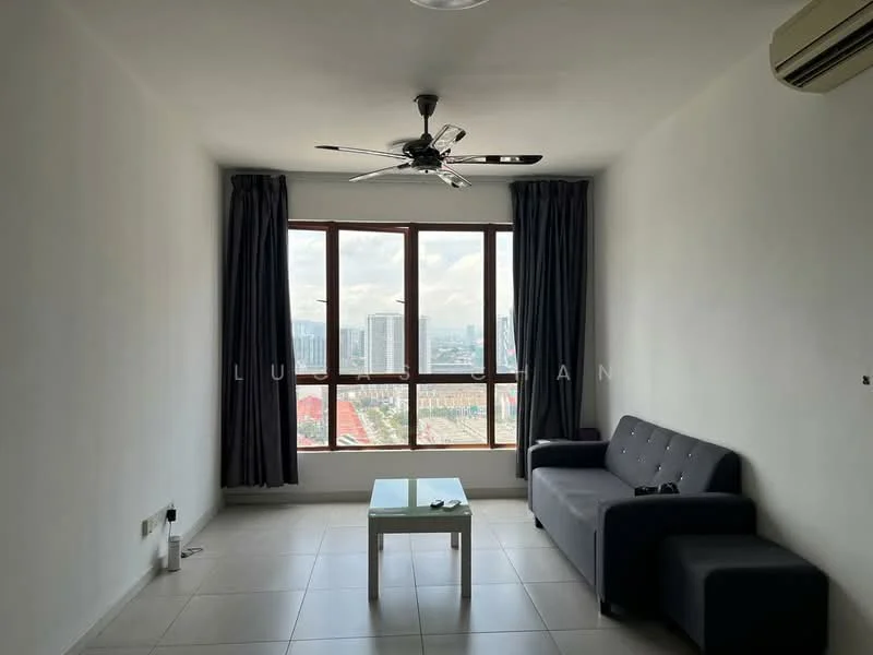 Living features: grey fabric 3-seater sofa, white coffee table, floor-to-ceiling windows, city view, light-colored tiled flooring, ceiling fan with light, dark grey curtains, air conditioning unit on wall, white painted walls; style: modern; view: city.