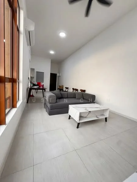 Living features: grey fabric sectional sofa, white coffee table, floor-to-ceiling windows, white walls, recessed LED downlights, 1 wall-mounted split AC, light-colored tile flooring, wooden dining chairs visible in background; style: modern.