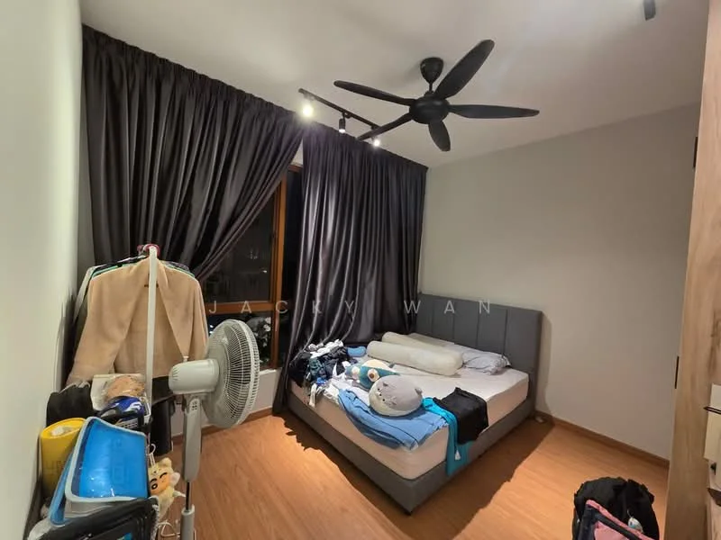 Bedroom features: queen-size bed, upholstered headboard, bedside lamps, floor-to-ceiling windows, blackout curtains, 5-blade ceiling fan, wooden flooring, decorative wall, clothes on the floor, clothes rack, standing fan; style: modern.