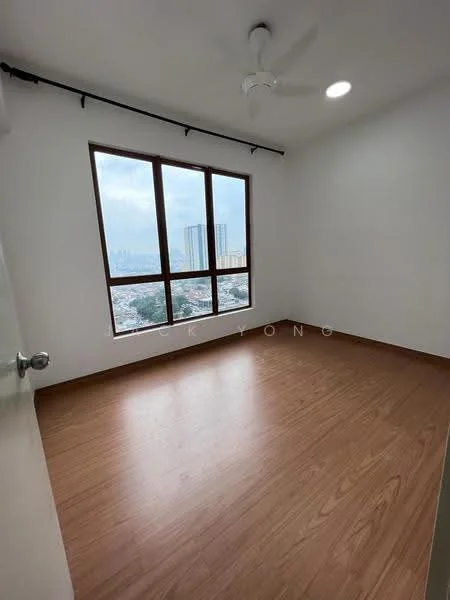 Room features: light wood laminate flooring, white painted walls, ceiling fan, large windows, city skyline view, natural light from windows, roller blinds, one wall with no visible features; style: modern; view: city.