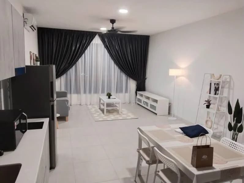Living features: light grey walls, white ceiling, 5-blade ceiling fan with light, floor-to-ceiling windows with sheer curtains, dark grey curtains, white sofa, white TV console, area rug with geometric pattern, decorative plant, table lamp, dining table with white chairs, refrigerator, kitchen cabinetry, countertop with sink; style: modern.