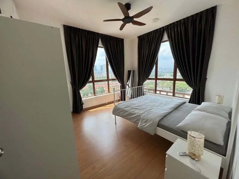 Bedroom features: king-size bed with grey bedding, 2 bedside lamps, floor-to-ceiling windows, blackout curtains, wooden flooring, ceiling fan, white walls, built-in wardrobe, decorative wall art; style: modern; view: city.