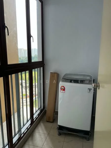 Laundry features: white top-loading washing machine, tiled flooring, large window with view, wooden window frames, grey walls, balcony railing; view: city.