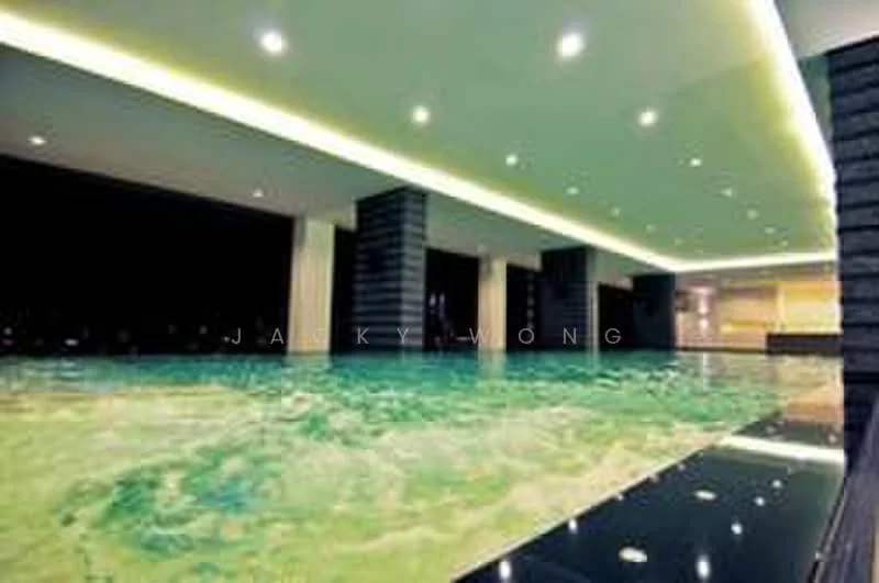 Exterior type: swimming pool deck; features: infinity pool, pool deck with loungers, modern lighting, water feature, glass railing, dark stone cladding, tiled flooring, night lighting ambiance; style: modern.