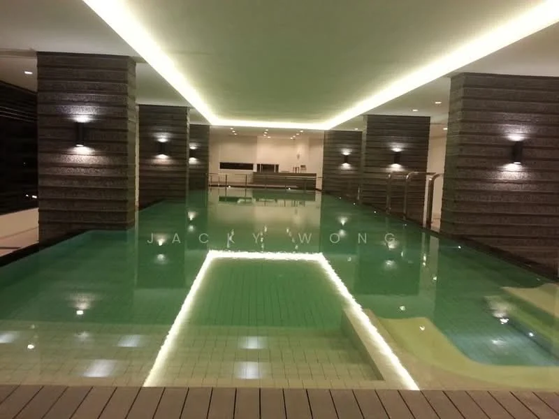 Exterior type: swimming pool deck; features: infinity pool, pool deck with loungers, ambient lighting, textured stone walls, modern architectural design, indoor seating area, tile flooring, recessed lighting; style: modern.