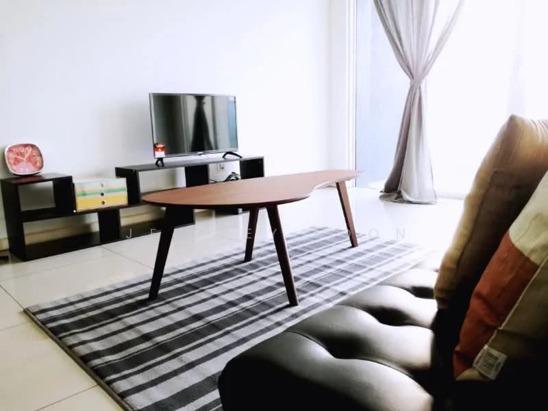 Living features: black leather sofa, wooden coffee table with unique shape, TV console with storage, flat-screen TV, area rug with striped pattern, floor-to-ceiling windows, sheer curtains, decorative plate on console, cushions with various colors, ceramic decorative item, light-colored walls, glossy tile flooring; style: modern.