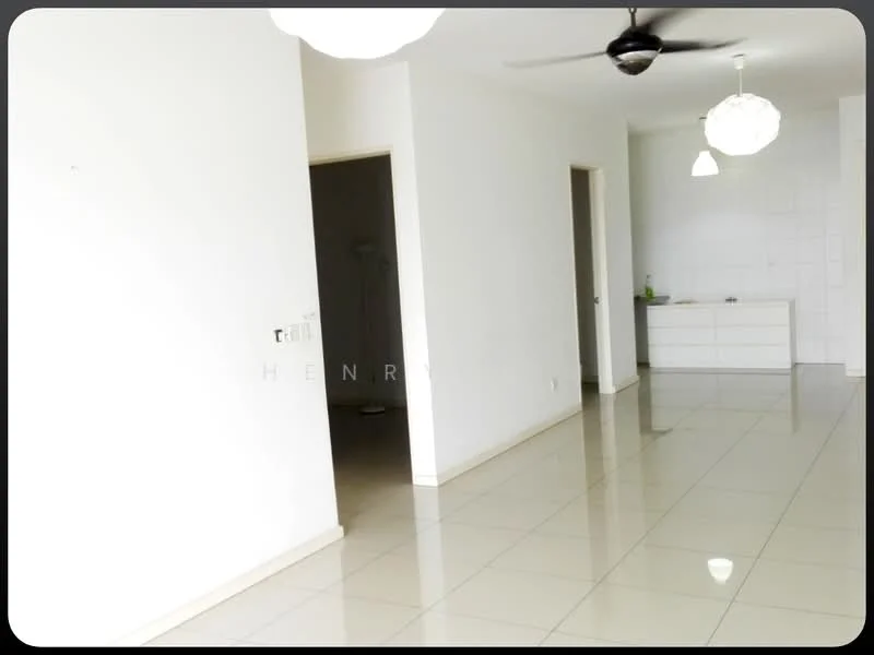 Room features: white painted walls, glossy tile flooring, ceiling fan, recessed downlights, two pendant lights, open layout, neutral color scheme, built-in cabinetry; style: modern.