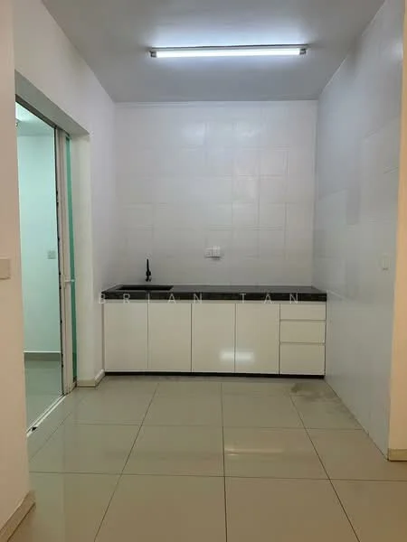 Kitchen features: white painted walls, glossy tile flooring, black granite countertop, white cabinetry with flat-panel doors, single-bowl stainless-steel sink, chrome pull-down faucet, wall-mounted light fixture, sliding glass door leading to another room; style: modern.