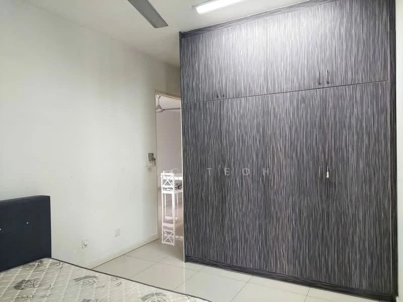 Room features: white painted walls, glossy tile flooring, built-in wardrobe with grey wood finish, recessed ceiling lights; style: modern.