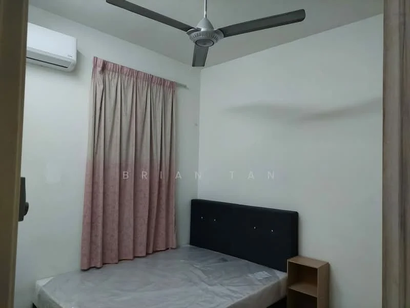 Bedroom features: white painted walls, wall-mounted split AC, 5-blade ceiling fan, pink curtains, upholstered headboard, single bed, wooden bedside table, bare mattress.