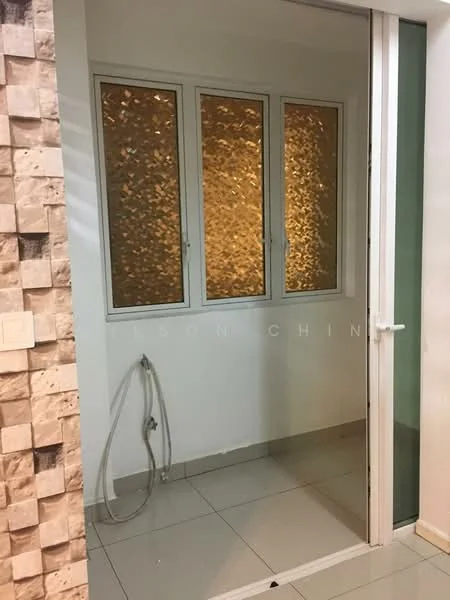 Room features: three windows with frosted glass, white painted walls, light-colored tile flooring, glass door, exposed stone accent wall, plumbing fixture on wall; style: modern.