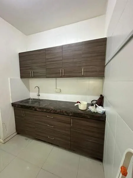 Kitchen features: brown wooden cabinetry, black granite countertop, single-bowl stainless-steel sink, chrome faucet, white tiled backsplash, white walls, grey floor tiles, under-cabinet lighting; style: modern.