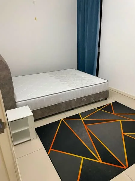 Bedroom features: queen-size bed without bedding, grey upholstered headboard, black and orange geometric area rug, white painted walls, tile flooring, curtains in blue, nightstand in white, window with natural light; style: modern.