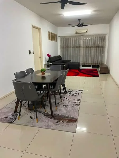 Living features: cream painted walls, glossy tile flooring, 5-blade ceiling fan, recessed downlights, sofa in black leather, coffee table, area rug with abstract pattern, dining table with 6 grey upholstered chairs, curtains, wall-mounted air conditioning unit, decorative plant on table; style: modern.