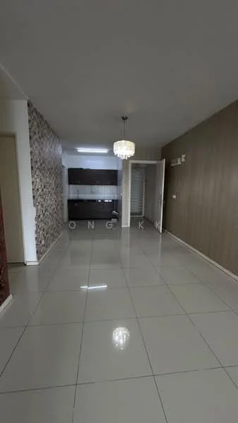 Living features: white painted walls, accent wall with stone cladding, glossy ceramic tile flooring, chandelier light fixture, open layout, kitchen area visible, recessed lighting, doorway leading to other rooms; style: modern.
