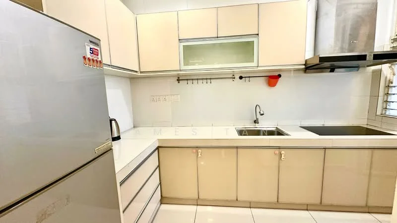Kitchen features: stainless-steel fridge, white laminate cabinetry, white countertop, single-bowl stainless-steel sink, chrome pull-down faucet, built-in stove, exhaust hood, wall-mounted cabinets, tile backsplash, white tiled flooring, under-cabinet lighting; style: modern.