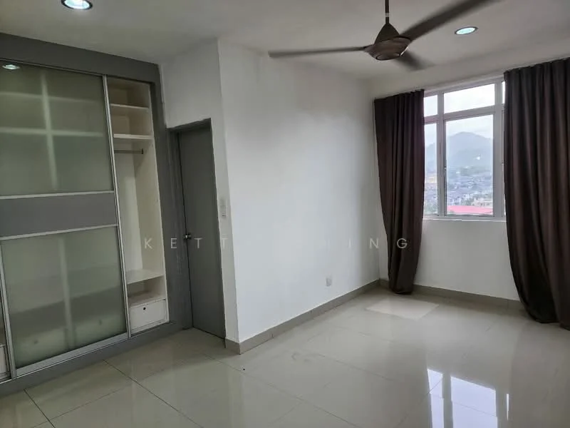 Room features: white painted walls, glossy tile flooring, 5-blade ceiling fan, large window with mountain view, brown curtains, built-in wardrobe with glass doors, neutral color scheme, corner of the room with natural light; style: modern; view: mountain.