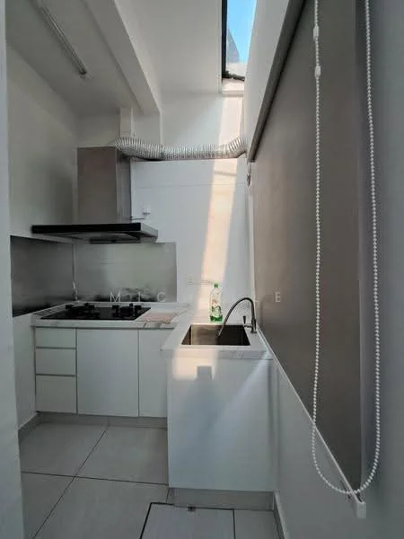 Kitchen features: white cabinetry, stainless-steel gas hob, stainless-steel range hood, single-bowl stainless-steel sink, chrome pull-down faucet, grey backsplash, tile flooring, window for natural light, countertop space, under-cabinet lighting; style: modern.
