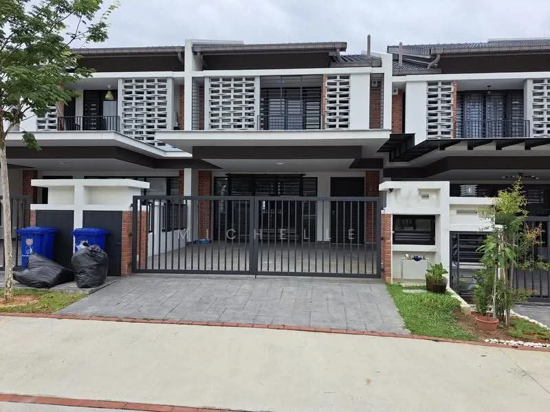 Exterior type: linked terrace house; features: white painted facade, brick accents, horizontal louvre screens, flat roof, double-storey, manicured lawn, paved driveway, fenced front yard, two garbage bins, outdoor plants, main entrance gate; style: modern.