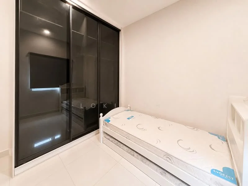 Bedroom features: single bed, white bed frame, built-in wardrobe with sliding black glass doors, white walls, tile flooring, window with roller blinds, minimalist decor, no bedding on bed; style: modern.