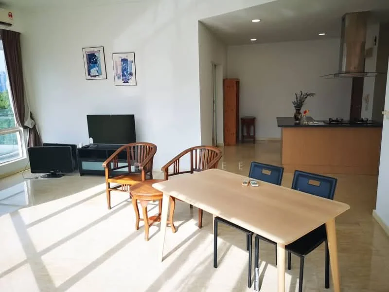 Living features: large windows with city view, cream painted walls, marble flooring, sofa, TV console, wall-mounted TV, dining table with four chairs, two wooden armchairs, decorative vases, recessed downlights; style: modern; view: city. Kitchen features: kitchen island, stainless-steel range hood, built-in stove, wood cabinetry; style: modern.